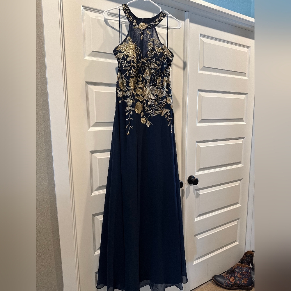 Betsy & Adam Navy and Gold Floral Prom Dress Size 12